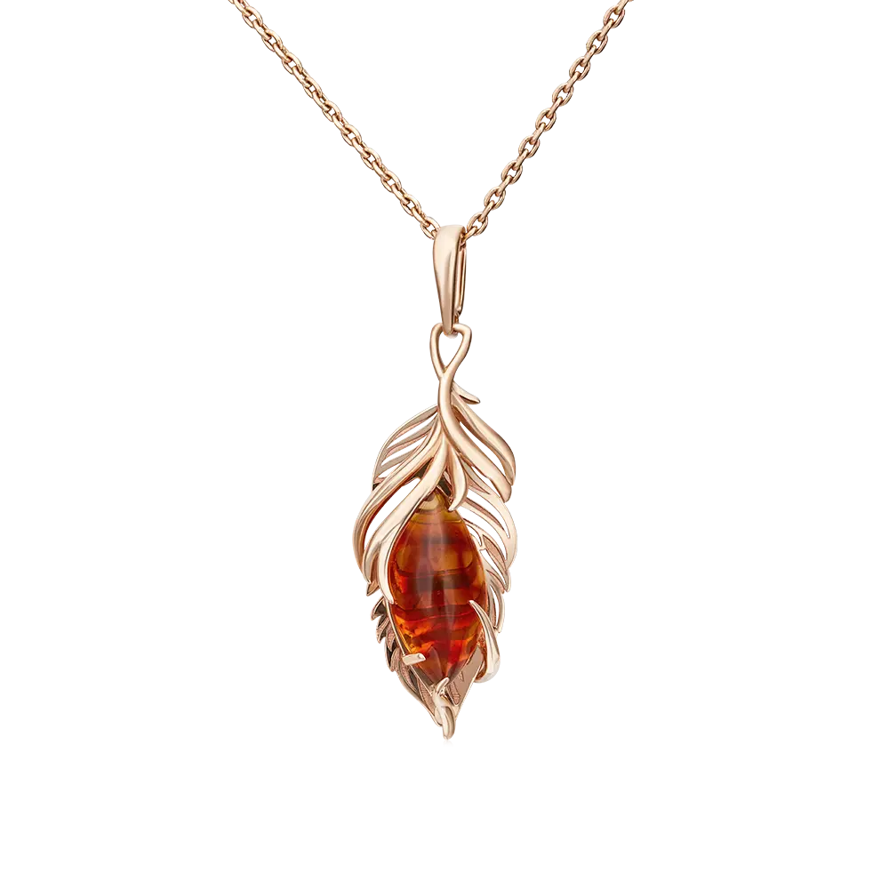 Product image 1 of the product “Pendant “Feather” in 585 Rose Gold with Amber ”