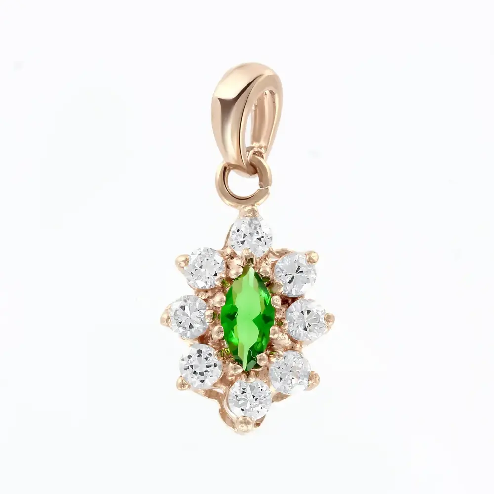 Artikelbild 1 des Artikels “Anhänger „Grüne Navette im Steinkranz“ aus 585 Rotgold mit Zirkonia “