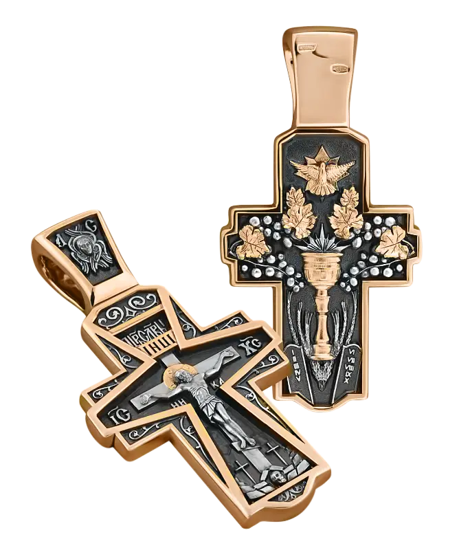 Product image 1 of the product “Orthodox Cross Pendant “Eucharist” in 925 Sterling Silver, Plated with 999 Rose Gold ”