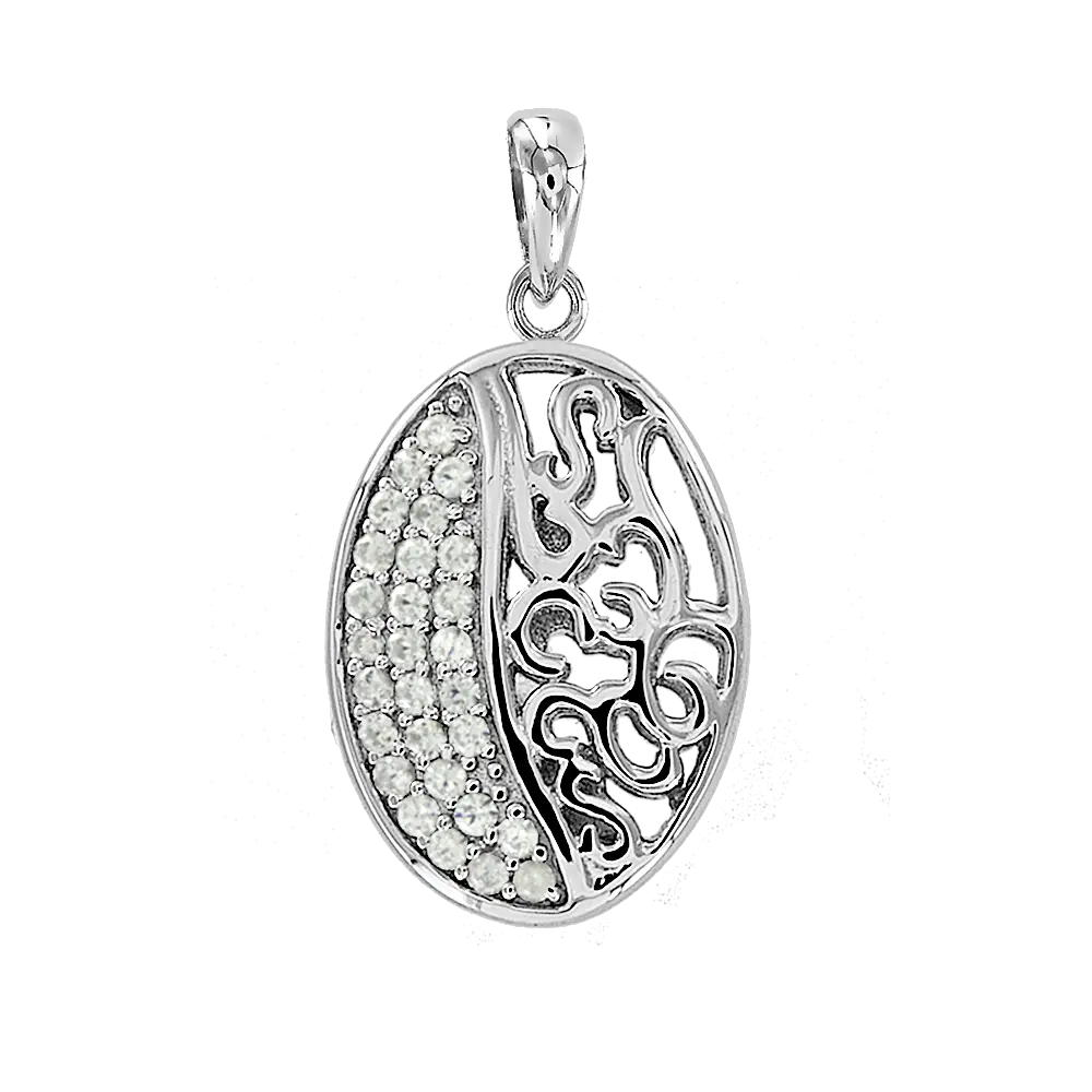 Product image 1 of the product “Pendant “Oval with Ornament and Stones” in 925 Sterling Silver with Cubic Zirconia, Height 38 mm ”