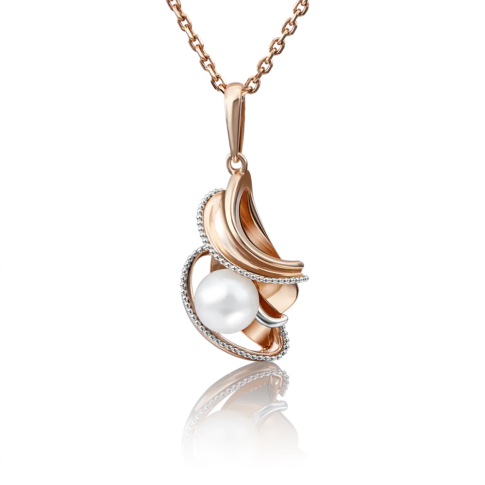 Product image 1 of the product “Pendant “Pearl with Scrollwork” in 585 Rose Gold with Cubic Zirconia and Pearls ”