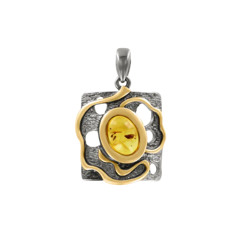 Artikelbild 1 des Artikels “Anhänger „Quadrat mit Bernstein und Ranke“ aus 925 Silber vergoldet mit Bernstein “