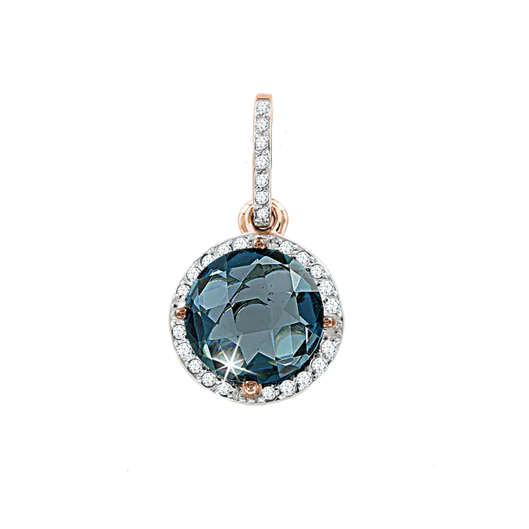 Product image 1 of the product “Pendant “Round with Stone Halo” in 585 Rose Gold with Diamonds and London Blue Topaz ”