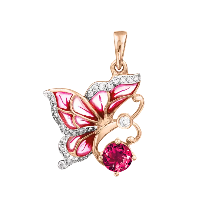 Product image 1 of the product “Pendant “Butterfly with Enamel” in 585 Two-Tone Gold with Rhodolite ”