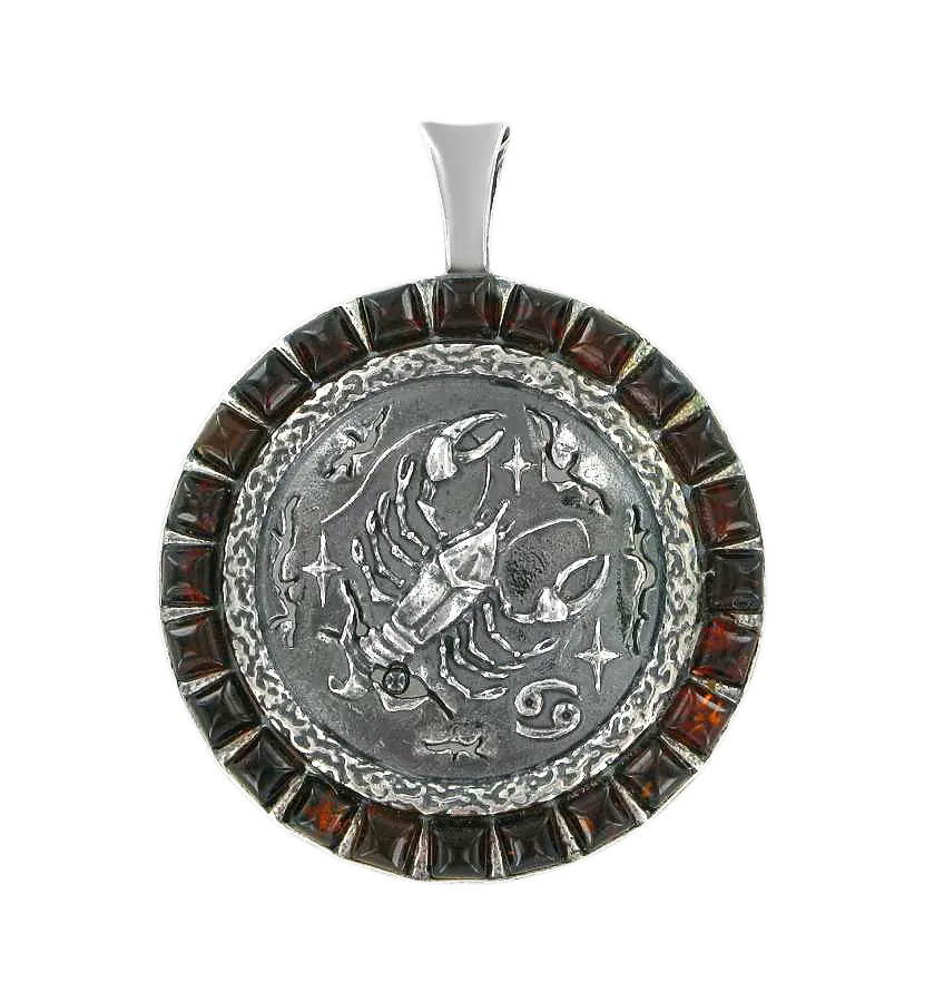 Product image 1 of the product “Zodiac Sign Pendant Cancer in 925 Sterling Silver with Genuine Amber ”