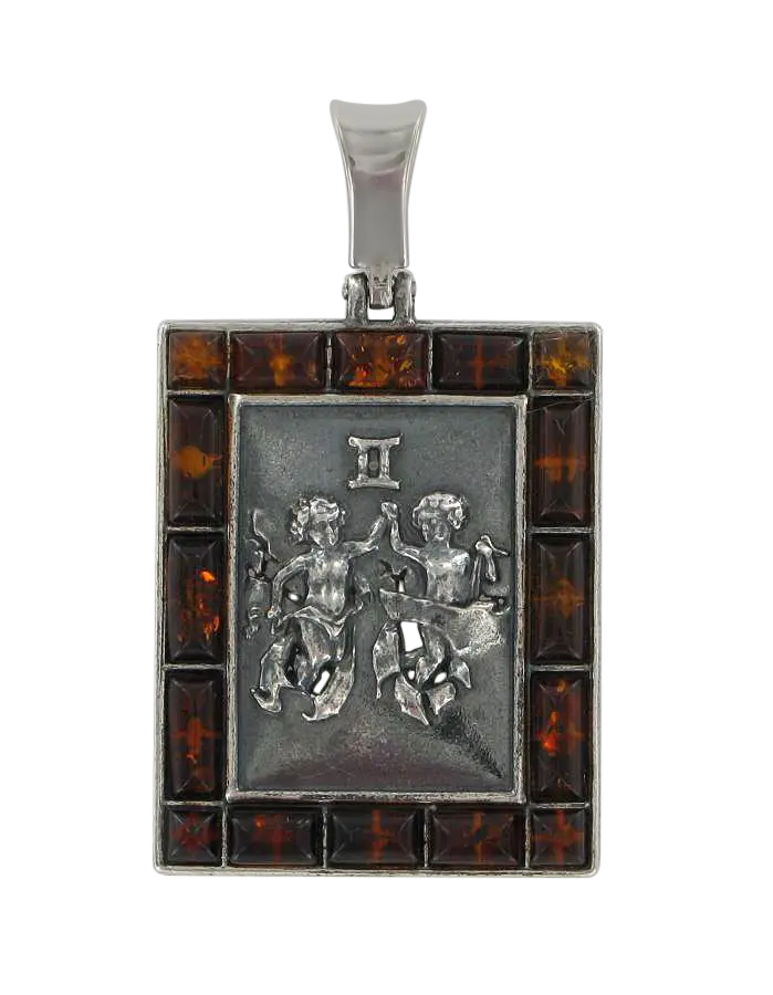 Product image 1 of the product “Zodiac Sign Pendant Gemini in 925 Sterling Silver with Genuine Amber, Height 41 mm ”