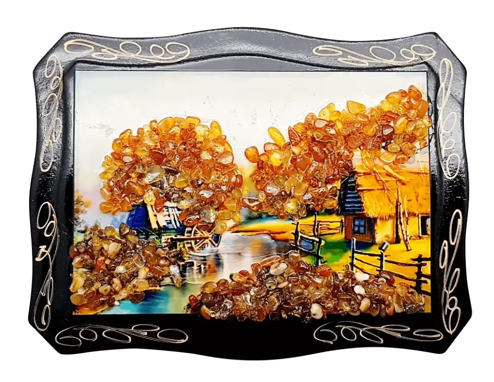 Product image 1 of the product “Amber Picture “Landscape with House by the Stream” ”