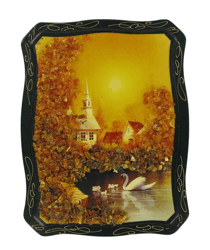 Artikelbild 1 des Artikels “Bernsteinbild „Landschaft mit Schwänen und Kirche“ “