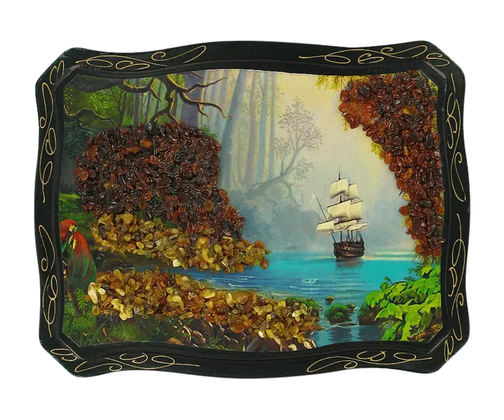 Artikelbild 1 des Artikels “Bernsteinbild „Landschaft mit Segelschiff“ “