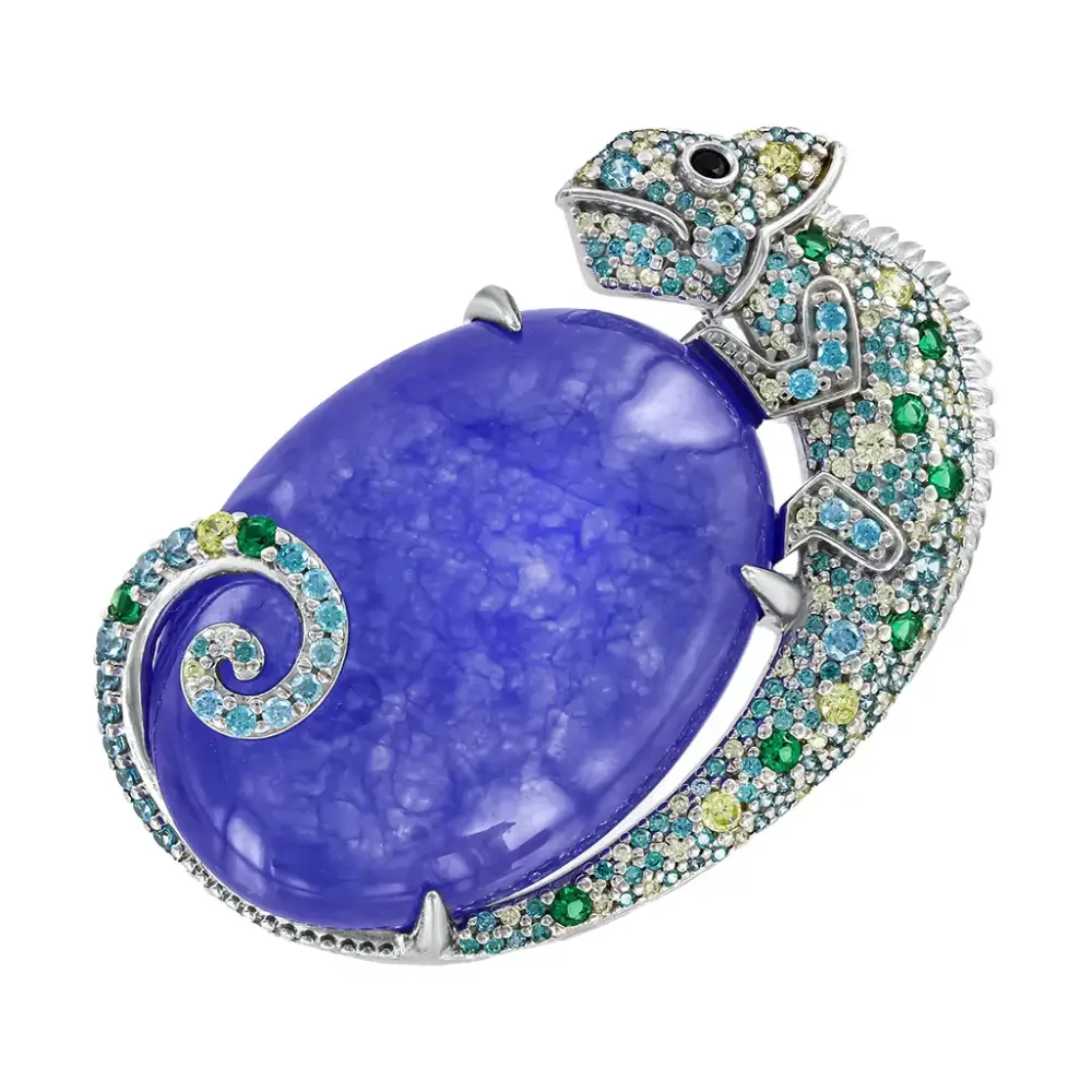Artikelbild 1 des Artikels “Brosche „Chamäleon mit Quarz“ aus 925 Silber mit Zirkonia und Quarz “
