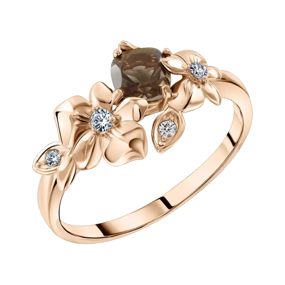 Artikelbild 1 des Artikels “Damenring „Blüten mit Blättern“ aus 585 Rotgold mit Zirkonia und Rauchtopas “