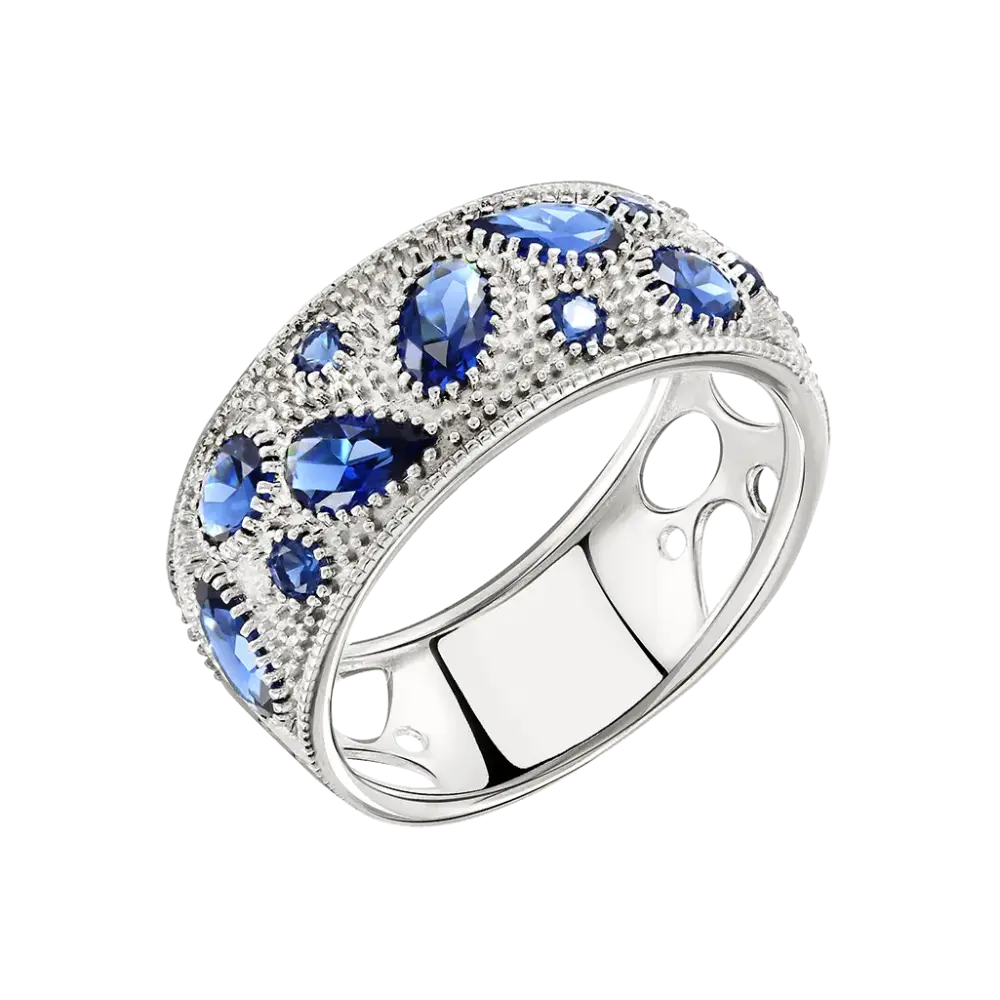 Product image 1 of the product “Women's Ring “Wide with Scattered Blue Stones” in 925 Sterling Silver with Cubic Zirconia ”