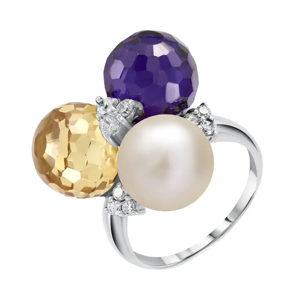 Product image 1 of the product “Women's Ring “Coloured Beads with Pearl” in 925 Sterling Silver with Cubic Zirconia and Pearls ”