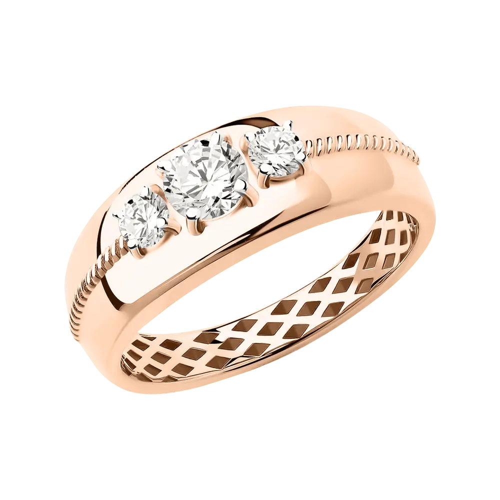 Product image 1 of the product “Women's Ring “Three Stones with Lattice” in 585 Rose Gold with Cubic Zirconia ”