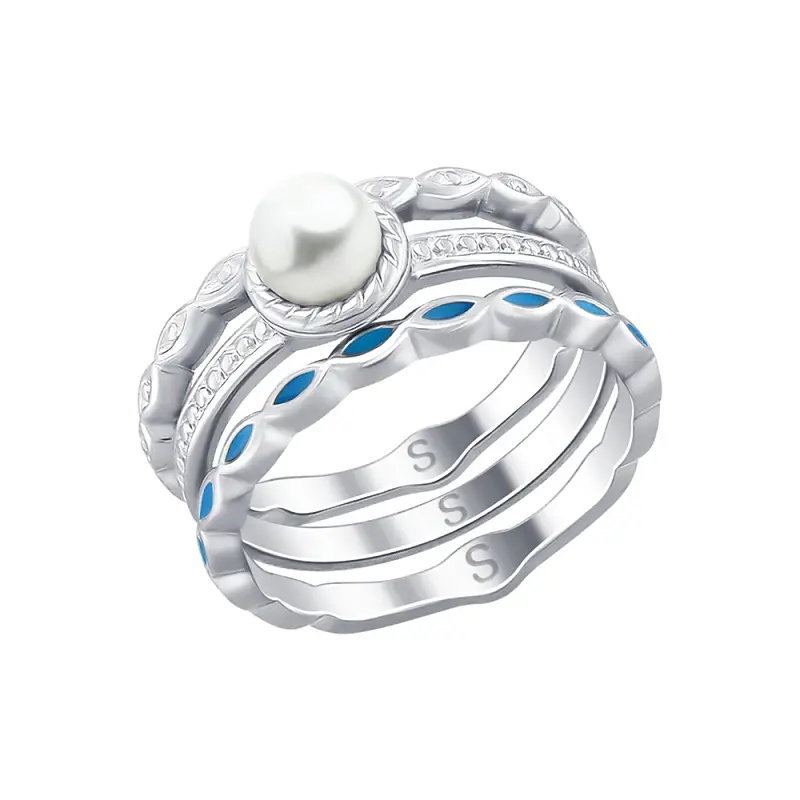 Artikelbild 1 des Artikels “Damenring „Dreier-Set mit Emaille und Perle“ aus 925 Silber mit Perlen “