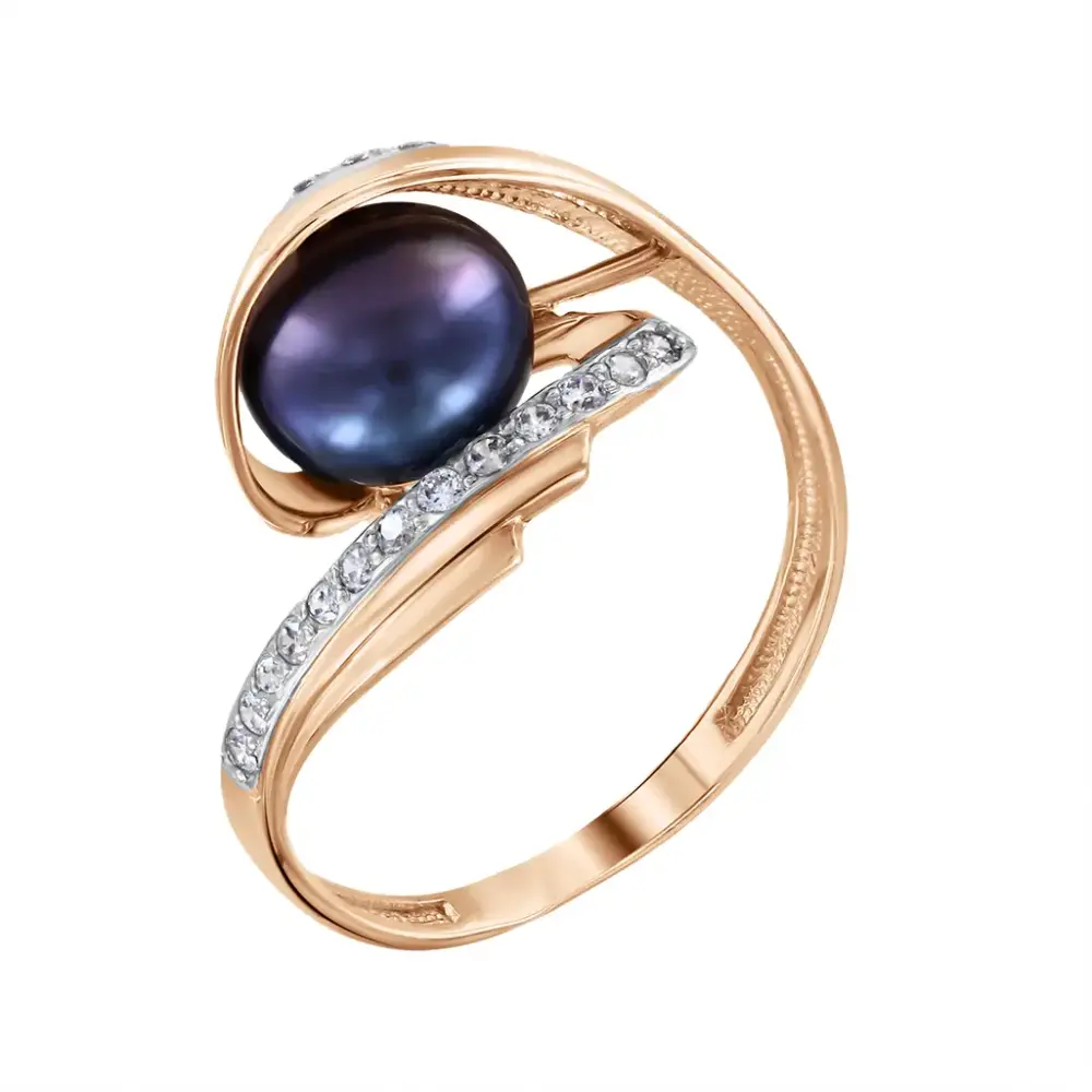 Artikelbild 1 des Artikels “Damenring „Dunkle Perle mit Schwung“ aus 585 Rotgold mit Zirkonia und Perlen “