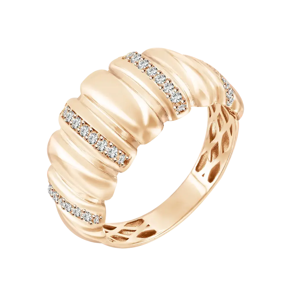 Product image 1 of the product “Women's Ring “Ribbed with Pavé Stripes” in 585 Rose Gold with Cubic Zirconia ”
