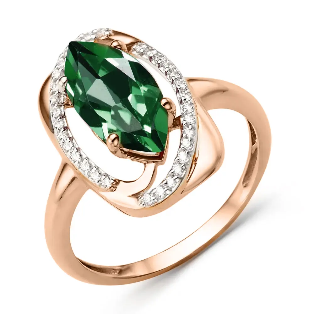Artikelbild 1 des Artikels “Damenring „Grüne Navette mit Steinbogen“ aus 585 Rotgold mit Zirkonia und Sitall “