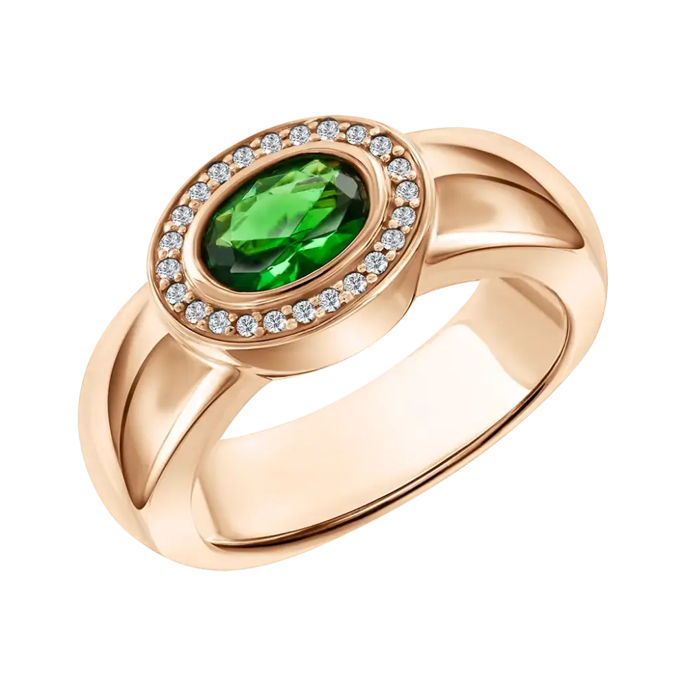 Product image 1 of the product “Women's Ring “Green Oval with Stone Halo” in 585 Rose Gold with Cubic Zirconia ”
