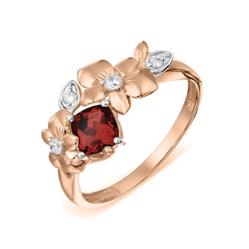 Artikelbild 1 des Artikels “Damenring „Kissenform mit Blüten“ aus 585 Rotgold mit Zirkonia und Granat “