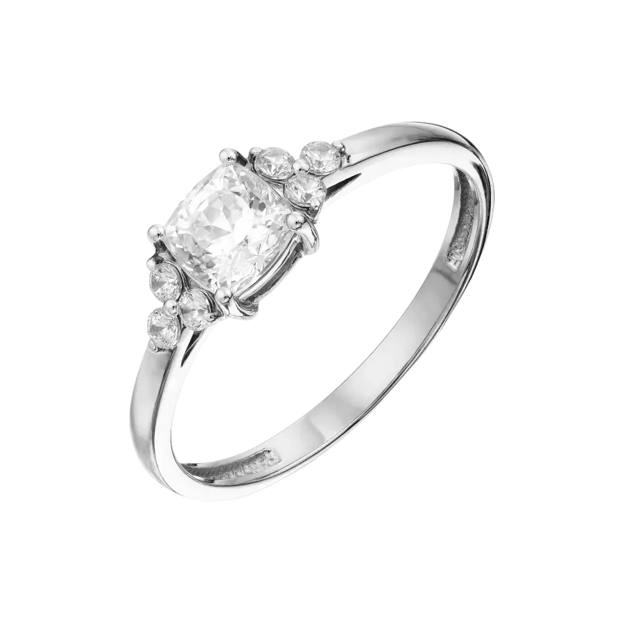 Artikelbild 1 des Artikels “Damenring „Kissenschliff mit Seitensteinen“ aus 585 Weißgold mit Zirkonia “