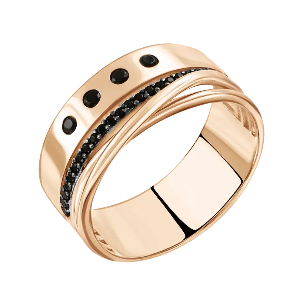 Artikelbild 1 des Artikels “Damenring „Mehrband mit schwarzen Steinen“ aus 585 Rotgold mit Zirkonia “