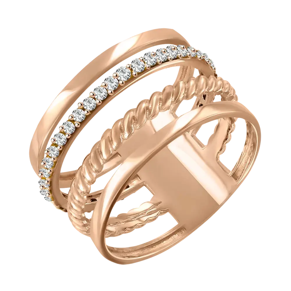 Product image 1 of the product “Women's Ring “Multi-Row with Rope” in 585 Rose Gold with Cubic Zirconia ”