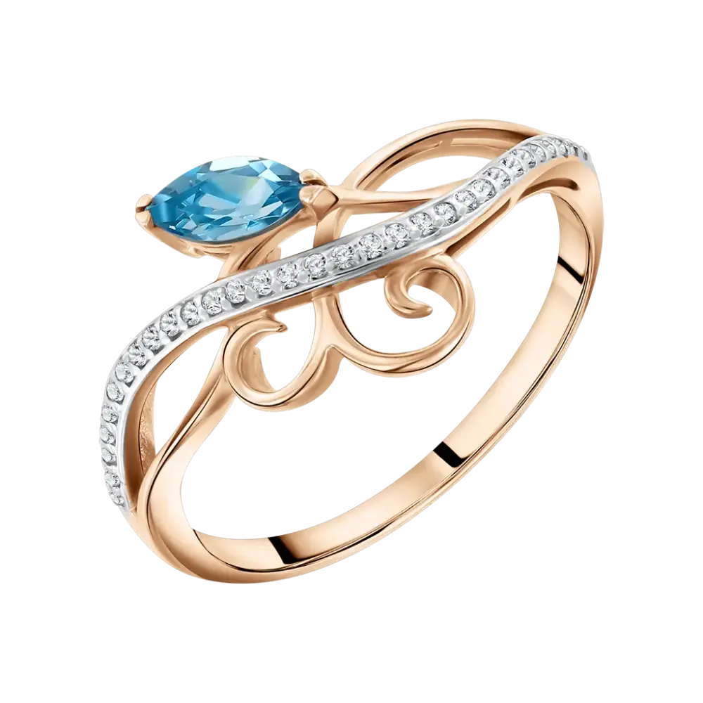Product image 1 of the product “Women's Ring “Navette with Scrolls” in 585 Rose Gold with Cubic Zirconia and Topaz ”