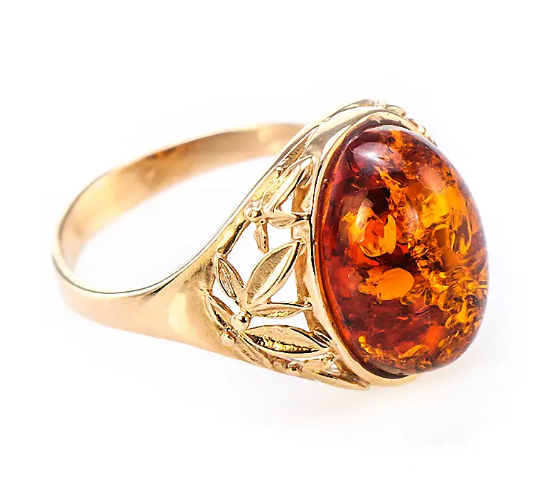 Product image 1 of the product “Women's Ring “Oval with Leaf Ornament” in Gold-Plated 925 Sterling Silver with Amber ”