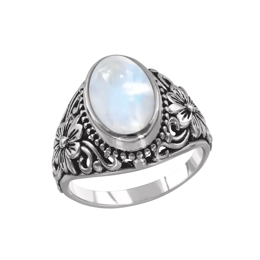 Product image 1 of the product “Women's Ring “Oval with Floral Ornament” in 925 Sterling Silver with Moonstone ”