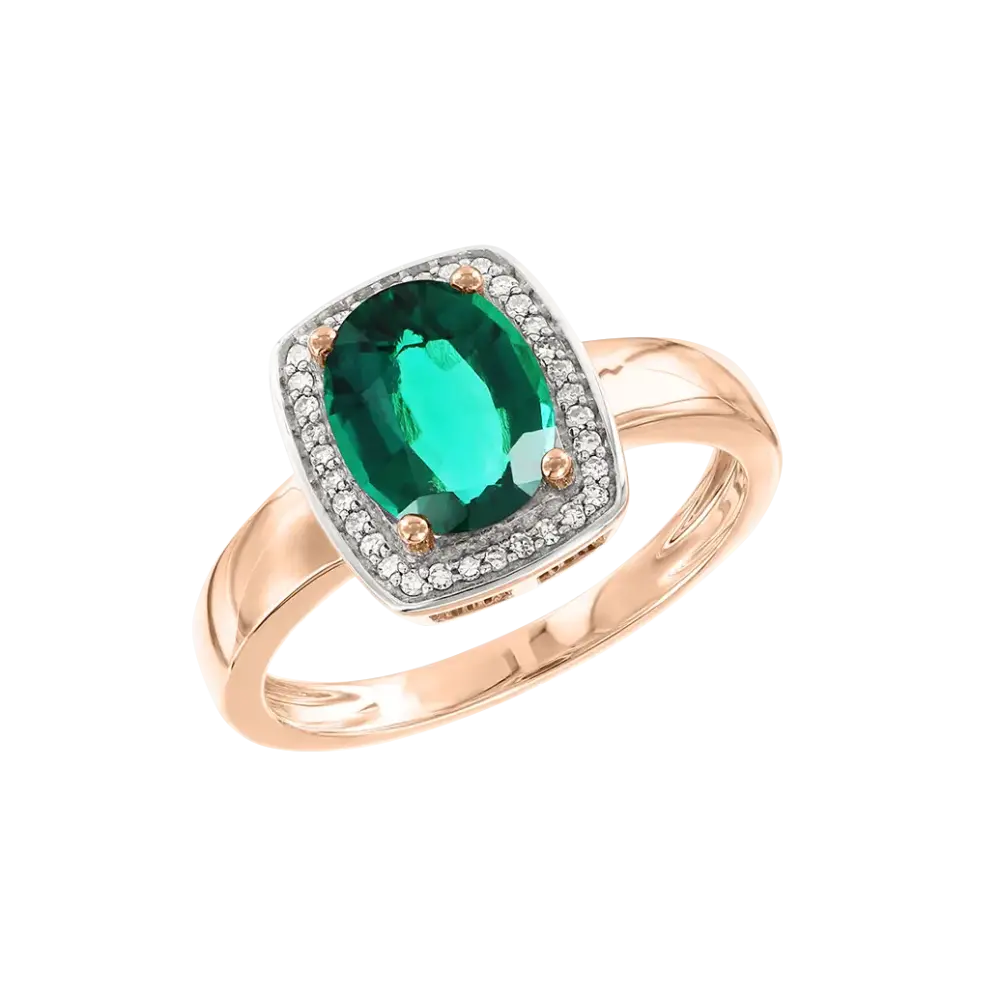 Artikelbild 1 des Artikels “Damenring „Oval mit eckigem Steinkranz“ aus 585 Rotgold mit Brillanten und Smaragd (synthetisch) “