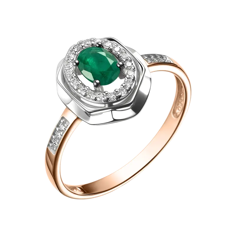 Product image 1 of the product “Women's Ring “Oval with Stone Halo” in 585 Two-Tone Gold with Diamonds and Synthetic Emerald ”