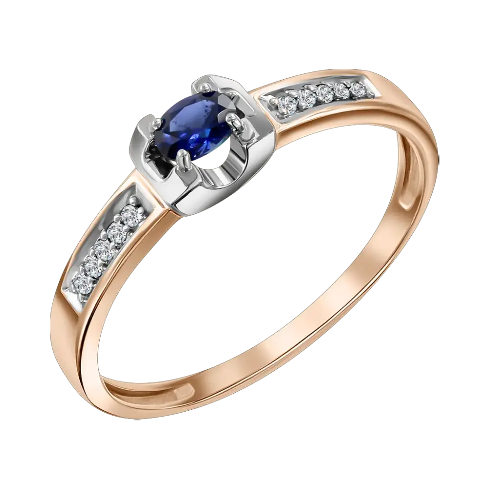Product image 1 of the product “Women's Ring “Oval with Stone-Set Band” in 585 Two-Tone Gold with Diamonds and Sapphire ”
