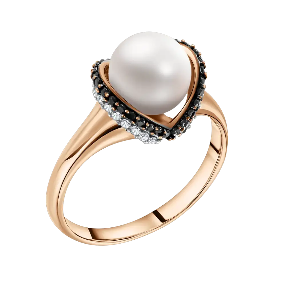 Product image 1 of the product “Women's Ring “Pearl with Dark Stone Setting” in 585 Rose Gold with Cubic Zirconia and Pearls ”
