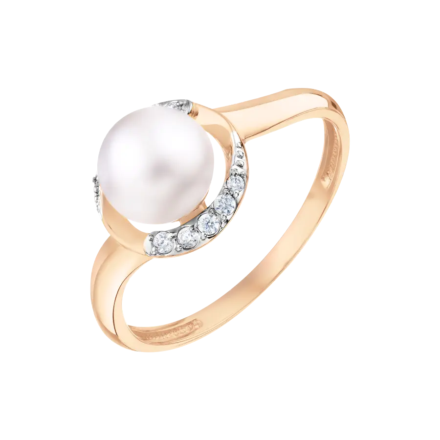 Artikelbild 1 des Artikels “Damenring „Perle mit Steinbogen“ aus 585 Rotgold mit Zirkonia und Perlen “