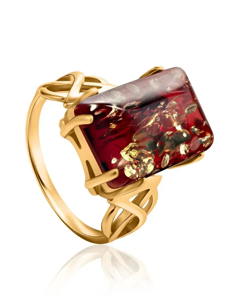 Product image 1 of the product “Women's Ring “Rectangle with Celtic Knot” in Gold-Plated 925 Sterling Silver with Amber ”