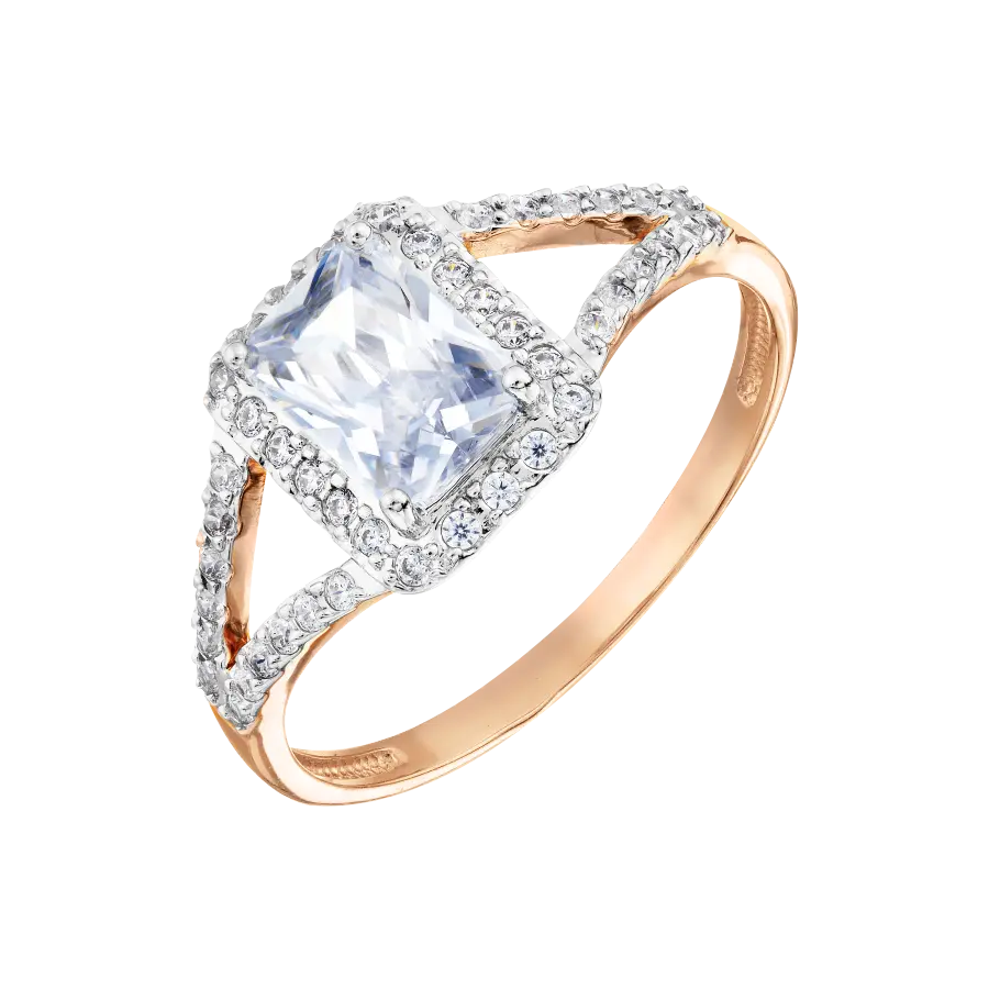 Product image 1 of the product “Women's Ring “Rectangle with Stone Halo” in 585 Rose Gold with Cubic Zirconia ”