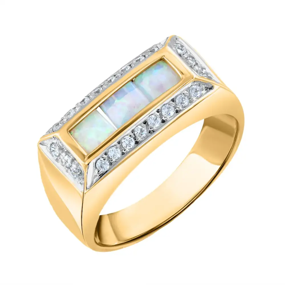 Product image 1 of the product “Women's Ring “Rectangular with Rows of Stones” in 585 Yellow Gold with Cubic Zirconia and Opal ”