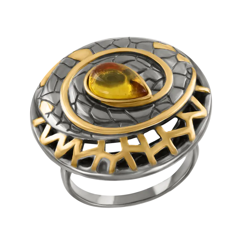 Product image 1 of the product “Women's Ring “Round with Lattice Ornament” in Gold-Plated 925 Sterling Silver with Amber ”