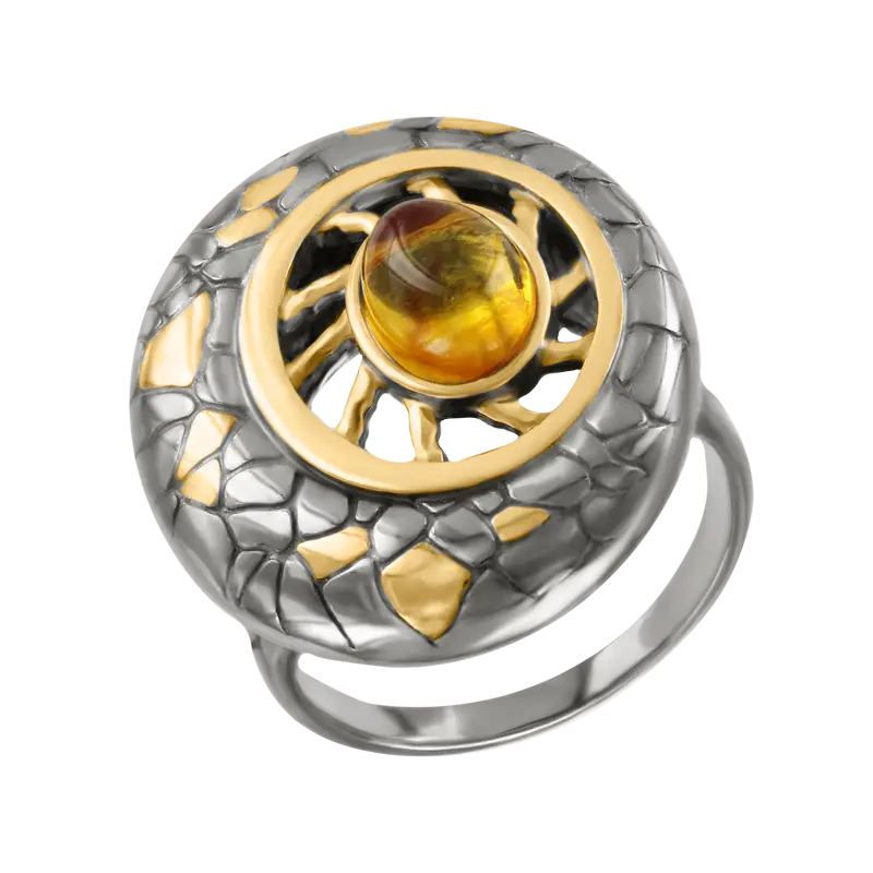 Artikelbild 1 des Artikels “Damenring „Rund mit Sonnenornament“ aus 925 Silber vergoldet mit Bernstein “