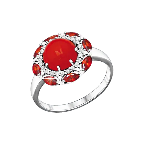 Product image 1 of the product “Women's Ring “Round Coral with Stone Halo” in 925 Sterling Silver with Cubic Zirconia ”