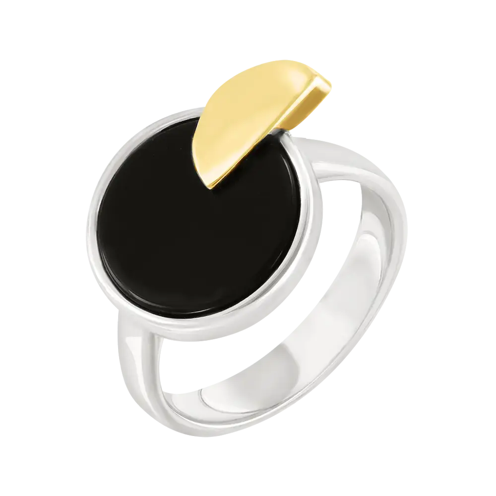 Product image 1 of the product “Women's Ring “Round Plate with Crescent Moon” in Gold-Plated 925 Sterling Silver with Onyx ”