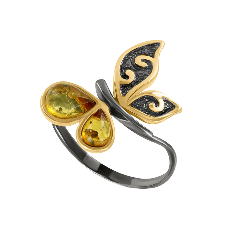 Product image 1 of the product “Women's Ring “Butterfly with Amber” in Gold-Plated 925 Sterling Silver with Amber ”