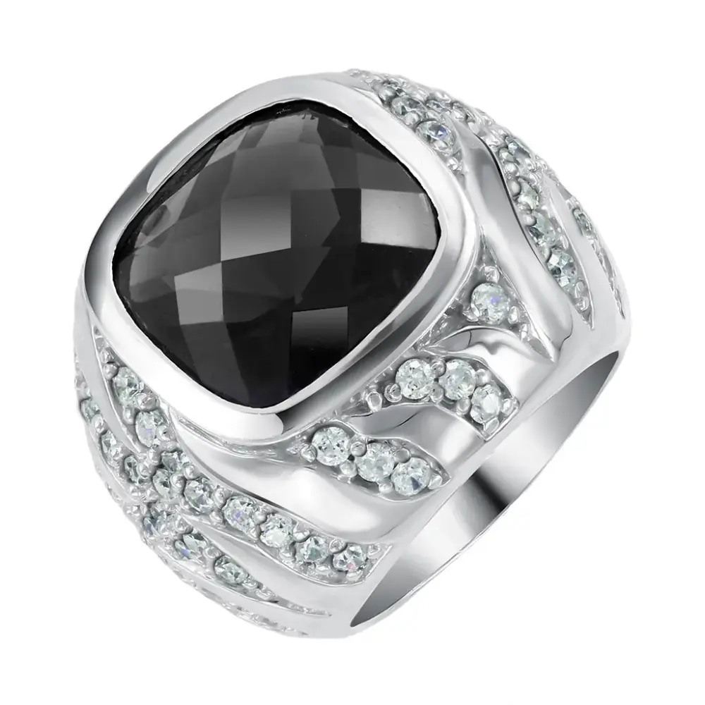 Artikelbild 1 des Artikels “Damenring „Schwarzer Kissenstein mit Steinwellen“ aus 925 Silber mit Zirkonia “