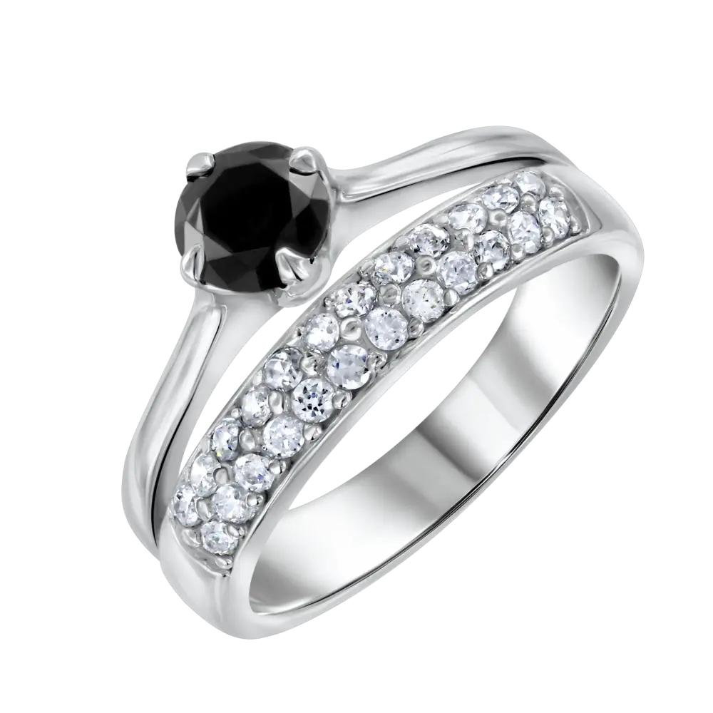 Product image 1 of the product “Women's Ring “Black Solitaire with Pavé” in 925 Sterling Silver with Cubic Zirconia ”