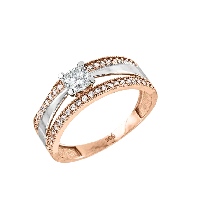 Product image 1 of the product “Women's Ring “Solitaire with Double Row” in 585 Two-Tone Gold with Cubic Zirconia ”