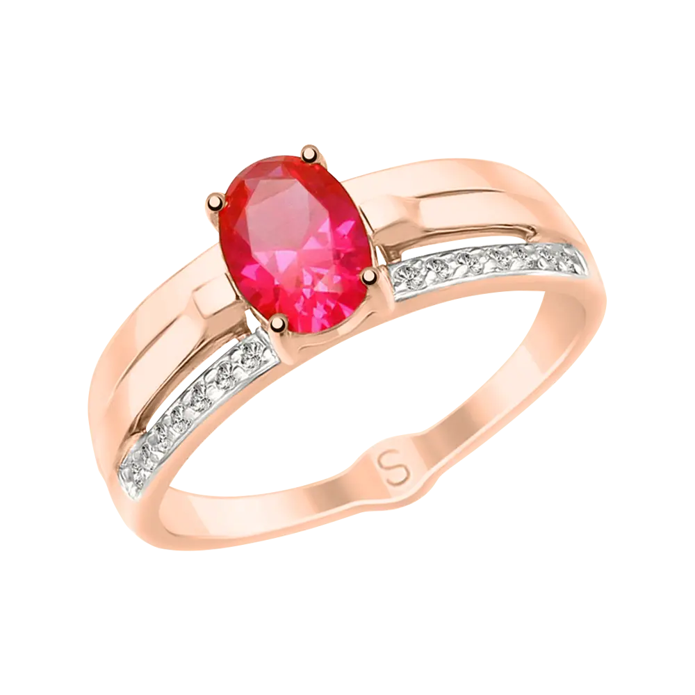 Artikelbild 1 des Artikels “Damenring „Solitär mit Doppelschiene“ aus 585 Rotgold mit Zirkonia und Rubin (synthetisch) “