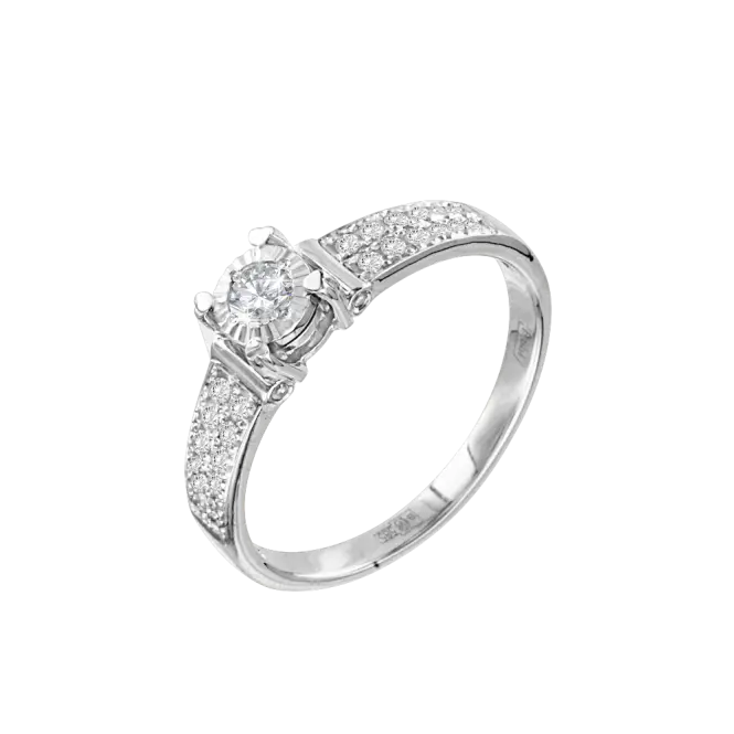 Изображение 1 товара «Женское кольцо «Солитер с дорожками камней» из белого золота 585 пробы с бриллиантами »