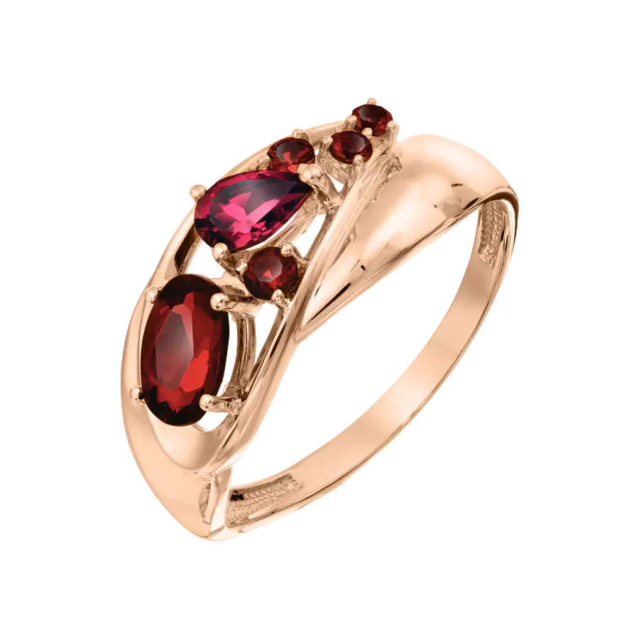 Artikelbild 1 des Artikels “Damenring „Steincluster mit Wirbel“ aus 585 Rotgold mit Granat und Rhodolith “