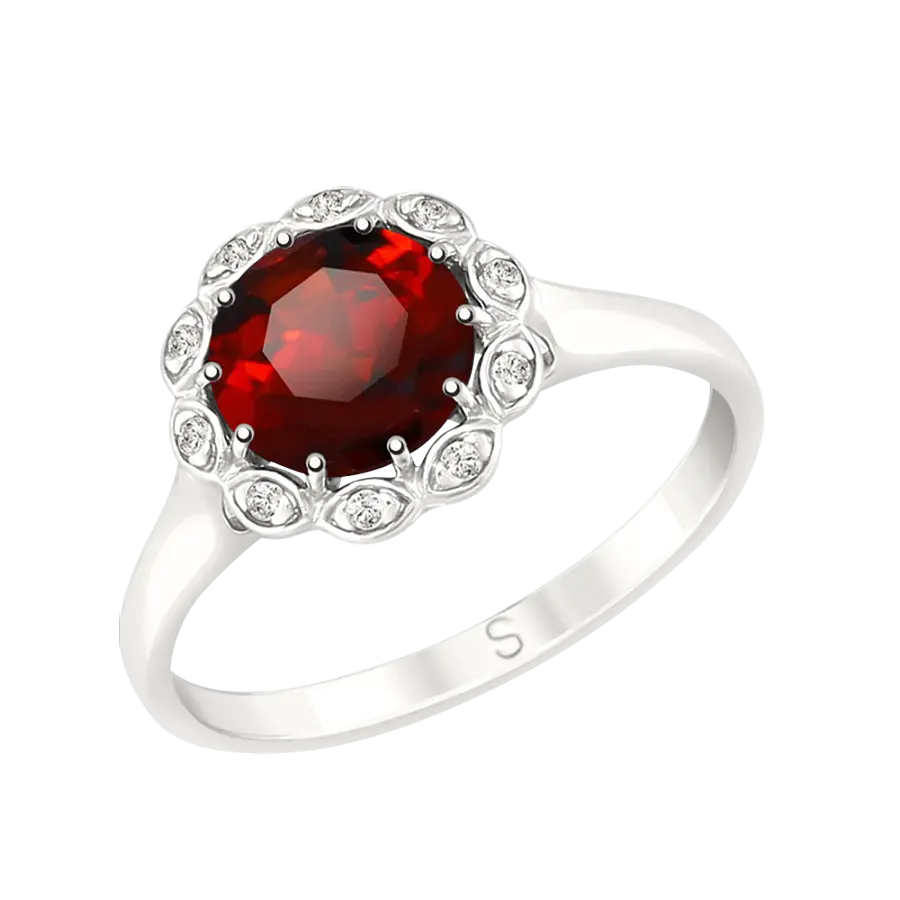 Artikelbild 1 des Artikels “Damenring „Steinkranz mit Blättchen“ aus 925 Silber mit Zirkonia und Granat “
